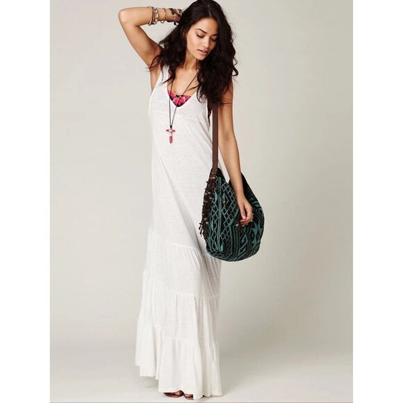 Free People Dresses & Skirts - RARE Free People Beach Cream White Casual Boho Tiered Ruffle Hem Maxi Tank Dress